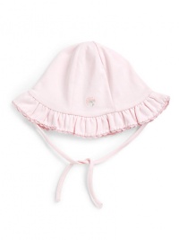 THE LOOKSolid colorRuffled brim with scallop embroiderySweet floral embroidery on the frontTie closure for a secure fitTHE MATERIALPima cottonCARE & ORIGINMachine washImported THE LOOKSolid colorRuffled brim with scallop embroiderySweet floral embroidery on the frontTie closure for a secure fitTHE MATERIALPima cottonCARE & ORIGINMachine washImported