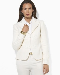Trimmed with intricate passementerie detailing, this chic wool-blend jacket is a statement piece that embodies understated elegance. Trimmed with intricate passementerie detailing, this chic wool-blend jacket is a statement piece that embodies understated elegance.