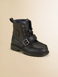Rugged leather lace-ups with buckled strap and durable rubber soles.Lace-up frontFunctional buckled strapLeather liningPadded insoleRubber soleImported Rugged leather lace-ups with buckled strap and durable rubber soles.Lace-up frontFunctional buckled strapLeather liningPadded insoleRubber soleImported