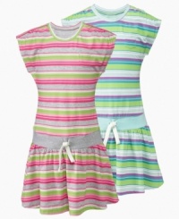 Fun, breezy fashion. Short dolman sleeves give this striped dress from So Jenni a unique silhouette, adding a simple twist to her summer style. Fun, breezy fashion. Short dolman sleeves give this striped dress from So Jenni a unique silhouette, adding a simple twist to her summer style.