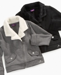 A motorcycle-style look with a cuddly sweatshirt feel, this jacket from So Jenni is the perfect look for fall and winter. A motorcycle-style look with a cuddly sweatshirt feel, this jacket from So Jenni is the perfect look for fall and winter.