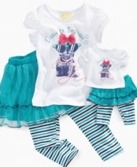 She can impress the rest with this adorable puppy shirt and skirt set with attached leggings from Sweet Heart Rose, with an included outfit for her little friend. She can impress the rest with this adorable puppy shirt and skirt set with attached leggings from Sweet Heart Rose, with an included outfit for her little friend.
