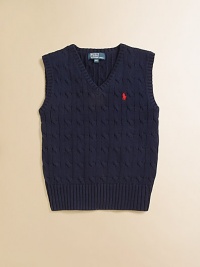 The essential sweater vest is a handsome layer rendered in durable cable-knit cotton.Ribbed V-neckSleevelessPullover styleRibbed hemCottonMachine washImported