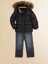 Plush fur and smooth nylon create a cool, classic look made for cold weather days.Snap-off hood with fur trimStand collar with rib-knit liningConcealed snap and zip frontHorizontal quilted down constructionDual zip and flap pocketsLong sleevesFully linedShell: polyamideFill: goose downTrim: dyed Asiatic raccoon furDry cleanImportedFur origin: FinlandPlease note: Number of snaps may vary depending on size ordered. Plush fur and smooth nylon create a cool, classic look made for cold weather days.Snap-off hood with fur trimStand collar with rib-knit liningConcealed snap and zip frontHorizontal quilted down constructionDual zip and flap pocketsLong sleevesFully linedShell: polyamideFill: goose downTrim: dyed Asiatic raccoon furDry cleanImportedFur origin: FinlandPlease note: Number of snaps may vary depending on size ordered.