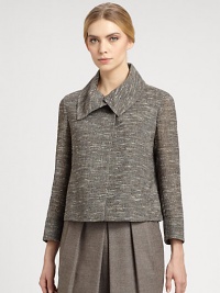 Lightweight tweed bouclé, in a ladylike silhouette with an elegant foldover collar.Foldover point collarConcealed button frontThree-quarter sleevesFully linedAbout 18 from shoulder to hem61% cotton/27% polyacrylic/6% silk/6% viscoseDry cleanImported of Italian fabricModel shown is 5'11 (180cm) wearing US size 4. Lightweight tweed bouclé, in a ladylike silhouette with an elegant foldover collar.Foldover point collarConcealed button frontThree-quarter sleevesFully linedAbout 18 from shoulder to hem61% cotton/27% polyacrylic/6% silk/6% viscoseDry cleanImported of Italian fabricModel shown is 5'11 (180cm) wearing US size 4.