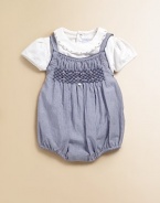 Keep baby soft and snug in this versatile bodysuit with a pretty, embroidered collar.Embroidered crewneckShort cap sleevesBack snapsBottom snaps95% cotton/5% elastaneMachine washImported Please note: Number of snaps may vary depending on size ordered. 