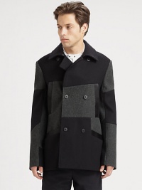 A brilliant patchwork pattern lends instant appeal to this wool peacoat.Button frontSlash pocketsAsymmetrical back yokeFully linedAbout 30 from shoulder to hemWoolDry cleanImported