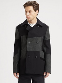 A brilliant patchwork pattern lends instant appeal to this wool peacoat.Button frontSlash pocketsAsymmetrical back yokeFully linedAbout 30 from shoulder to hemWoolDry cleanImported A brilliant patchwork pattern lends instant appeal to this wool peacoat.Button frontSlash pocketsAsymmetrical back yokeFully linedAbout 30 from shoulder to hemWoolDry cleanImported