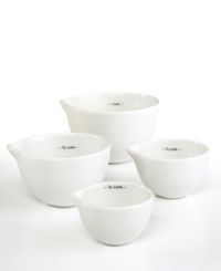 Simplify your prep. Stunning white porcelain creates clean lines in the kitchen and makes measuring and pouring mess free. Each durable bowl reveals an interior capacity marking and easy-pour spout that keeps ingredients, batter and liquids in the bowl and not on the counter. Simplify your prep. Stunning white porcelain creates clean lines in the kitchen and makes measuring and pouring mess free. Each durable bowl reveals an interior capacity marking and easy-pour spout that keeps ingredients, batter and liquids in the bowl and not on the counter.
