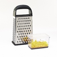 OXOs slim Box Grater features four functional grating surfaces without taking up a lot of space in your drawer. Large, stainless steel coarse and fine grating surfaces are great for cheese, vegetables, chocolate and more. A slimmer, super-fine grating surface is just right for nutmeg and ginger, and the slicing surface yields perfect slices of cucumber, zucchini, cheese and more. The soft handle assures a comfortable grip, and a non-slip ring keeps the Box Grater steady on a plate or cutting board. Also included is a storage container with non-slip ring, measurement markings and a lid for catching and storing your freshly grated ingredients. OXOs slim Box Grater features four functional grating surfaces without taking up a lot of space in your drawer. Large, stainless steel coarse and fine grating surfaces are great for cheese, vegetables, chocolate and more. A slimmer, super-fine grating surface is just right for nutmeg and ginger, and the slicing surface yields perfect slices of cucumber, zucchini, cheese and more. The soft handle assures a comfortable grip, and a non-slip ring keeps the Box Grater steady on a plate or cutting board. Also included is a storage container with non-slip ring, measurement markings and a lid for catching and storing your freshly grated ingredients.