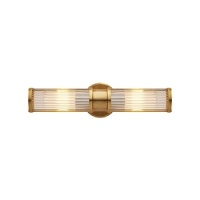 The subtle art deco design and warm natural brass of this double Ralph Lauren sconce lends luxurious light to any space. The subtle art deco design and warm natural brass of this double Ralph Lauren sconce lends luxurious light to any space.