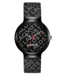 Repeat your regard for Lacoste. This unisex Goa watch is crafted of black silicone strap with light gray repeating text logo and round black plastic case. Black dial features light gray repeating text logo, cut-out hour and minute hand, red second hand, white iconic crocodile logo at twelve o'clock and white text logo at six o'clock. Quartz movement. Water resistant to 30 meters. Two-year limited warranty. Repeat your regard for Lacoste. This unisex Goa watch is crafted of black silicone strap with light gray repeating text logo and round black plastic case. Black dial features light gray repeating text logo, cut-out hour and minute hand, red second hand, white iconic crocodile logo at twelve o'clock and white text logo at six o'clock. Quartz movement. Water resistant to 30 meters. Two-year limited warranty.