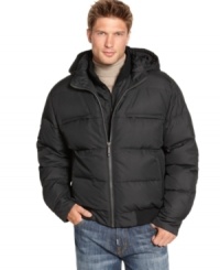 Keep warm this season without sacrificing style in this classic down jacket complete with a zip-off hood from Hawke & Co. Keep warm this season without sacrificing style in this classic down jacket complete with a zip-off hood from Hawke & Co.