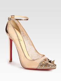 Finished with a metallic leather heel and ankle strap, this semi-sheer mesh and lace pump has a party-perfect crystal and stud-encrusted toecap. Metallic leather heel, 5 (125mm)Lace, mesh and metallic leather upperCrystal and goldtone metal stud embellishmentsLeather lining and solePadded insoleMade in ItalyOUR FIT MODEL RECOMMENDS ordering one size up as this style runs small. Finished with a metallic leather heel and ankle strap, this semi-sheer mesh and lace pump has a party-perfect crystal and stud-encrusted toecap. Metallic leather heel, 5 (125mm)Lace, mesh and metallic leather upperCrystal and goldtone metal stud embellishmentsLeather lining and solePadded insoleMade in ItalyOUR FIT MODEL RECOMMENDS ordering one size up as this style runs small.