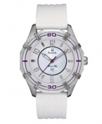 Bulova takes the sport watch to a new level of class with this Marine Star design. Watch crafted of white ribbed polyurethane strap and round stainless steel case. Glass bezel with purple numerals. Mother-of-pear dial features applied silver tone numerals and stick indices, luminous hour and minute hands, purple second hand and logo. Quartz movement. Water resistant to 50 meters. Three-year limited warranty.