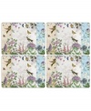 A fresh take on Portmeirion's beloved Botanic Garden pattern, the Botanic Hummingbird placemats layer colorful wildlife with muted blooms on a hard surface.
