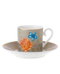 Perfect for casual dining or formal entertaining, this collection features a blend of gilded opulence and sophisticated style. Cheerful flower blossoms float gracefully across white bone china and gold and aqua filigree patterns as this lively set enhances your tabletop. Perfect for casual dining or formal entertaining, this collection features a blend of gilded opulence and sophisticated style. Cheerful flower blossoms float gracefully across white bone china and gold and aqua filigree patterns as this lively set enhances your tabletop.