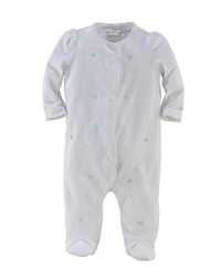 A cozy footed coverall, with a full-snap front for easy on and off and sweet embroidered flowers, is crafted from soft Pima cotton. A cozy footed coverall, with a full-snap front for easy on and off and sweet embroidered flowers, is crafted from soft Pima cotton.