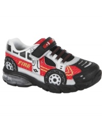 Start the engine! He'll be ready to get out the door fast in these fun fire truck-themed Stride Rite shoes that light up whenever he walks. Start the engine! He'll be ready to get out the door fast in these fun fire truck-themed Stride Rite shoes that light up whenever he walks.