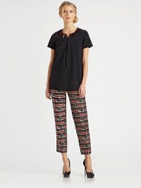 A bold geometric print with a little retro charm, shaped in a slim ankle style of cotton and silk with a subtle sheen.Waistband with belt loops and hidden closureZip flyTiny front pleatsBack welt pocketsSlim fitInseam, about 28Cotton/silkDry cleanImportedSIZE & FITModel shown is 5'10½ (179cm) wearing US size 4. A bold geometric print with a little retro charm, shaped in a slim ankle style of cotton and silk with a subtle sheen.Waistband with belt loops and hidden closureZip flyTiny front pleatsBack welt pocketsSlim fitInseam, about 28Cotton/silkDry cleanImportedSIZE & FITModel shown is 5'10½ (179cm) wearing US size 4.