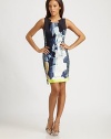 Featuring an impressive combination of prints and color pops, this woven shift dress is flawlessly complemented by stretch-silk details.Feminine necklineSleevelessPrincess seamsAllover printBack zipperFully linedAbout 35 from natural waist96% cotton/4% elastaneSide panels and front hem: 95% silk/5% elastane Dry cleanImported Model shown is 5'10 (177cm) wearing US size 4. 