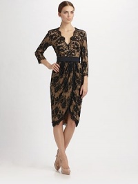 Lace gets luxe on a scalloped-neck style cinched with a ribbon belt.V-neck Three-quarter sleeves with scalloped cuffs Gathered waist Tulip skirt with slit detail Hidden back zip closure Back belt closure About 21 from natural waist 20% nylon/50% viscose/30% cotton Polyester lining Dry clean ImportedOUR FIT MODEL RECOMMENDS ordering true size. Additional Information Women's Modern Size Guide Lace gets luxe on a scalloped-neck style cinched with a ribbon belt.V-neck Three-quarter sleeves with scalloped cuffs Gathered waist Tulip skirt with slit detail Hidden back zip closure Back belt closure About 21 from natural waist 20% nylon/50% viscose/30% cotton Polyester lining Dry clean ImportedOUR FIT MODEL RECOMMENDS ordering true size. Additional Information Women's Modern Size Guide