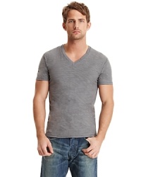 V-neck slub jersey tee shirt with small snap pocket at neckline. V-neck slub jersey tee shirt with small snap pocket at neckline.