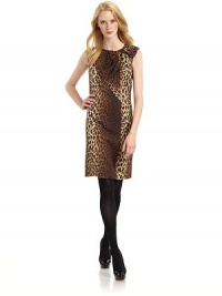 THE LOOKSimple sheath silhouetteFun ombré leopard printRound necklineAngled overlap pleated panel across bodiceSoft pleated bow at one shoulderSleevelessHidden back zipperTHE FITAbout 37 from shoulder to hemTHE MATERIAL79% rayon/19% wool/2% other fiberFully linedCARE & ORIGINDry cleanMade in Italy THE LOOKSimple sheath silhouetteFun ombré leopard printRound necklineAngled overlap pleated panel across bodiceSoft pleated bow at one shoulderSleevelessHidden back zipperTHE FITAbout 37 from shoulder to hemTHE MATERIAL79% rayon/19% wool/2% other fiberFully linedCARE & ORIGINDry cleanMade in Italy