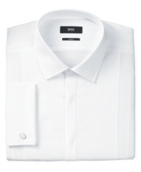 Tonal-striped panels accent this modern, slim-fitting dress shirt from Hugo Boss with a fresh amount of unexpected style. Tonal-striped panels accent this modern, slim-fitting dress shirt from Hugo Boss with a fresh amount of unexpected style.