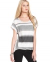 Make a graphic impression in this top from Calvin Klein Jeans. The multi-directional stripes and touch of metallic shimmer give it a casual-chic vibe, perfect for the weekend!