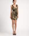 Dazzling metallic lamé, artfully draped in a modern, asymmetrical silhouette.Surplice necklineContrast shoulder strapContrast band at waistAllover ruchingAbout 16 from natural waist95% polyester/5% spandexDry cleanMade in USA of imported fabricModel shown is 5'10 (177cm) wearing US size Small.This style runs true to size. We recommend ordering your usual size for a standard fit. 
