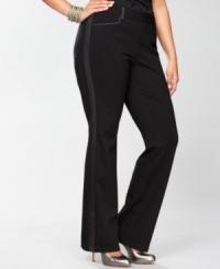 INC's plus size pants get a leg up with sleek faux-leather tuxedo stripes. Perfect for the holiday season or anytime you want to dress up your look. INC's plus size pants get a leg up with sleek faux-leather tuxedo stripes. Perfect for the holiday season or anytime you want to dress up your look.