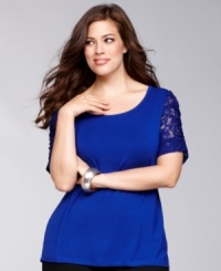 INC's plus size top takes a basic silhouette to a flirty new place. Ruched lace sleeves instantly up the style quotient of any outfit! INC's plus size top takes a basic silhouette to a flirty new place. Ruched lace sleeves instantly up the style quotient of any outfit!