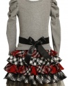 Bonnie Jean Girls 2-6X Toddler Knit Bodice To Drop Waist Tiered Plaid Skirt With Satin Sash, Grey, 5