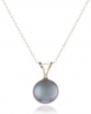 14k Yellow Gold AA 7.5x8mm Black Freshwater Cultured Pearl Pendant Necklace, 18