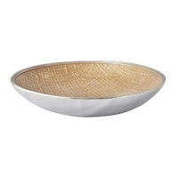Flax-colored pearl enamel is carefully applied by hand to replicate the rich warmth of natural linen on this gleaming recycled-aluminum serving bowl from Mariposa. The result is a piece that's abundant in striking textural contrast.