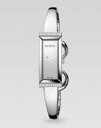 From the G-Frame Collection. A streamlined stainless steel timepiece with diamond and horsebit accents.Quartz movement Water resistant to 3 ATM Rectangular stainless steel case, 34mm x 14mm, (1.33 x .55) Sapphire crystal Diamonds along top and bottom case, 0.10 tcw Stainless steel bangle Jewelry clasp closure Made in Switzerland 