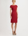 A stylish step beyond the average shift, this woven dress offers interesting pleat details and contrasting back zipper.BoatneckIntricate cap sleevesWaist dartsOff-center back zipperFully linedAbout 26 from natural waist63% viscose/32% nylon/5% elastaneDry cleanImported Model shown is 5'10 (177cm) wearing US size 4. 