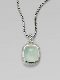 From the Noblesse Collection. A beautiful center stone of aqua chalcedony surrounded by a row of brilliant diamonds on a sterling silver box link chain. Aqua chalcedonyDiamonds, .3 tcwSterling silverLength, about 17Pendant size, about ½Lobster clasp closureImported From the Noblesse Collection. A beautiful center stone of aqua chalcedony surrounded by a row of brilliant diamonds on a sterling silver box link chain. Aqua chalcedonyDiamonds, .3 tcwSterling silverLength, about 17Pendant size, about ½Lobster clasp closureImported