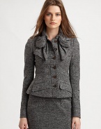 Luxurious tweed jersey in a structural, ladylike silhouette, embellished with a dramatic bow at the neck.Stand bow collar with hook-and-eye closuresButton frontFlap pocketsBack ventsFully linedAbout 23 from shoulder to hem72% wool/10% nylon/18% acrylicDry cleanMade in ItalyModel shown is 5'9 (175cm) wearing US size 4. 
