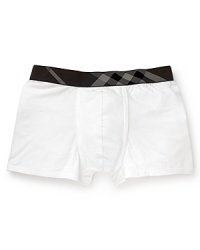 A soft, supportive trunk with contoured pouch and Burberry's signature check pattern along elastic waist. A soft, supportive trunk with contoured pouch and Burberry's signature check pattern along elastic waist.