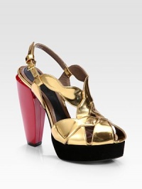 A commanding heel and velvet platform elevate this powerful slingback design of lustrous metallic leather. Lacquered metal heel, 5 (125mm)Velvet-covered platform, 1 (25mm)Compares to a 4 heel (100mm)Metallic leather upperAdjustable slingback strapLeather liningRubber and leather solePadded insoleMade in Italy A commanding heel and velvet platform elevate this powerful slingback design of lustrous metallic leather. Lacquered metal heel, 5 (125mm)Velvet-covered platform, 1 (25mm)Compares to a 4 heel (100mm)Metallic leather upperAdjustable slingback strapLeather liningRubber and leather solePadded insoleMade in Italy