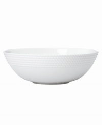 Dine with Wickford dinnerware and tie in timeless sophistication with every meal. This versatile white porcelain serving bowl has a contemporary shape embossed with a twisting rope design. Dine with Wickford dinnerware and tie in timeless sophistication with every meal. This versatile white porcelain serving bowl has a contemporary shape embossed with a twisting rope design.