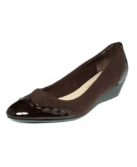 Flex time: A stretchy fabric upper contrasts with shiny patent leather detailing at the front of Circa by Joan and David's Yolata wedges. With stitched embellishment in back and a low heel, they're versatile enough for work and weekends. Flex time: A stretchy fabric upper contrasts with shiny patent leather detailing at the front of Circa by Joan and David's Yolata wedges. With stitched embellishment in back and a low heel, they're versatile enough for work and weekends.