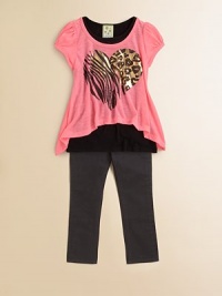 Metallic animal heart graphic and rhinestone appliqués help this hi-lo cap sleeve tee evoke your little one's inner rock princess.Ruched cap sleevesHi-lo hemSolid underlay95% rayon/5% spandexHand washMade in USA of imported fabric Metallic animal heart graphic and rhinestone appliqués help this hi-lo cap sleeve tee evoke your little one's inner rock princess.Ruched cap sleevesHi-lo hemSolid underlay95% rayon/5% spandexHand washMade in USA of imported fabric