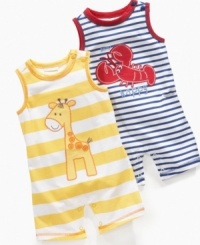 All creatures big and small. Put his affection for animals on display with one of these fun rompers from First Impressions. All creatures big and small. Put his affection for animals on display with one of these fun rompers from First Impressions.