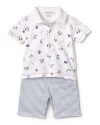 This nautical themed print polo and complementary stripe short will give your little cap'n his sea legs in a snap.