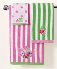 Tea time! Your bathroom is ready for a little afternoon tea with this whimsical hand towel from Jay Franco, featuring green and white stripes with a dainty rose accent. Tea time! Your bathroom is ready for a little afternoon tea with this whimsical hand towel from Jay Franco, featuring green and white stripes with a dainty rose accent.