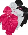 Super soft velour and always trendy hoodie by Puma is available in one of these assorted fun colors. Makes a great gift.