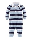 Wide rugby stripes lend a sporty feel to a breathable cotton coverall.Straight point collar.